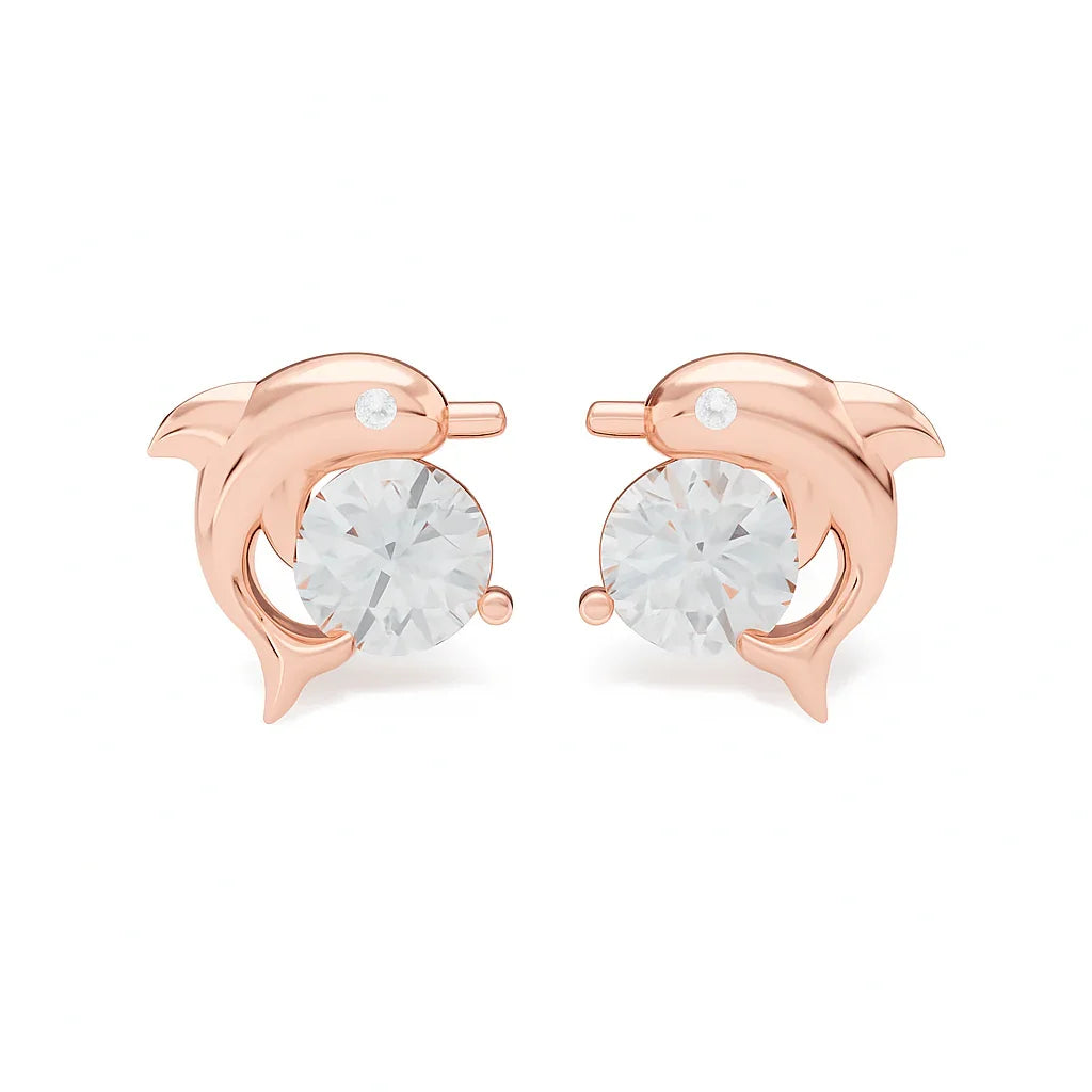 925 silver rose gold plated dolphin earrings with CZ on a white background