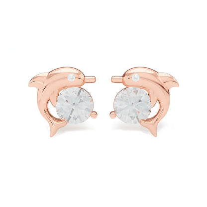 925 silver rose gold plated dolphin earrings with CZ on a white background