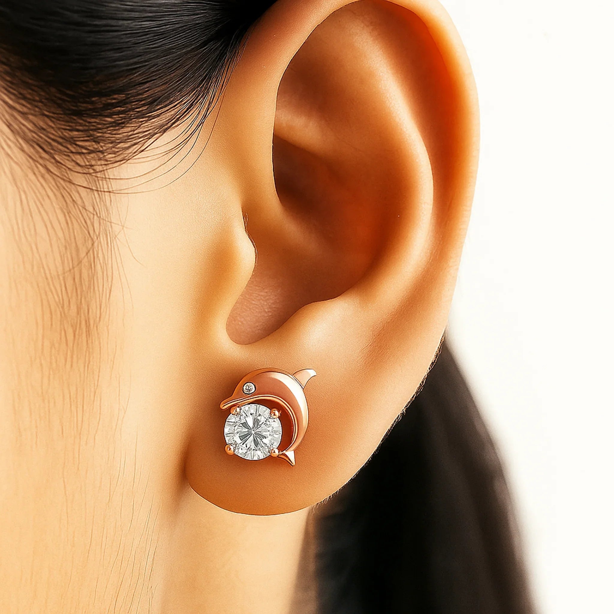 model wearing 925 Silver CZ Dolphin Earrings Party Wear by 7C Jewel 
