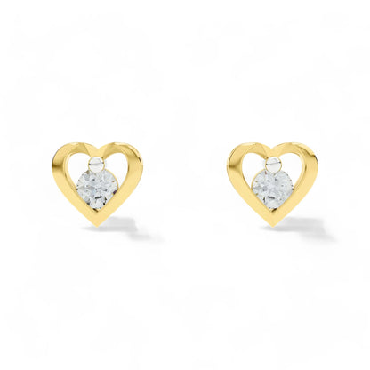 Heart-shaped gold earrings with CZ on a white background