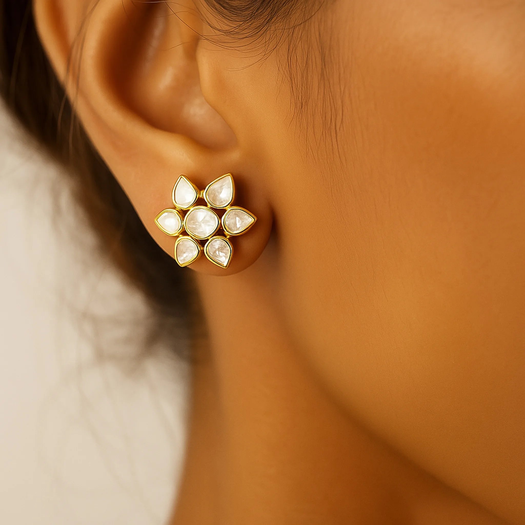 Golden Flora Polki Earring | 925 Silver 18k Gold Plated Jewellery