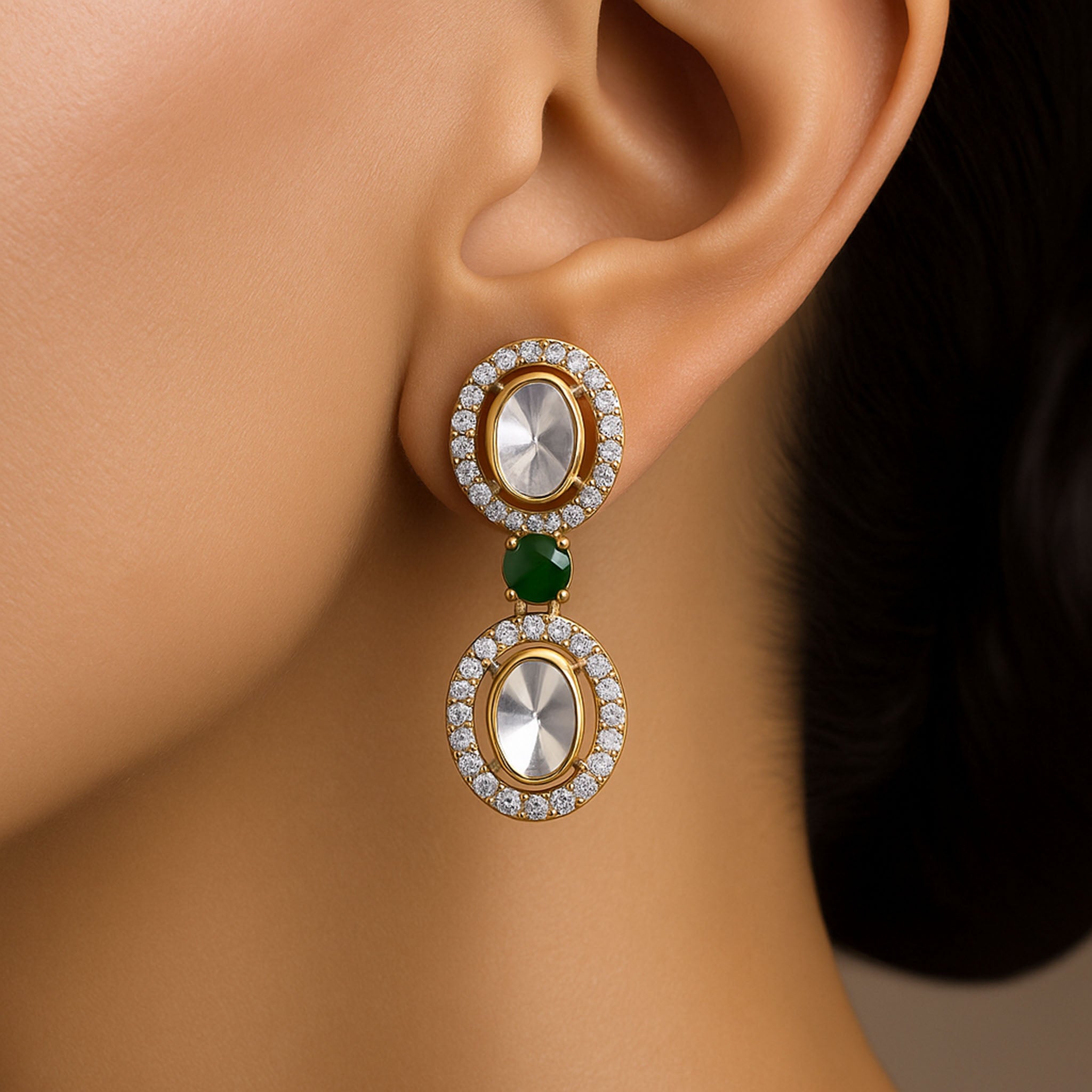 Emerald Charm Polki Earring | 925 Silver 18k Gold Plated Jewellery