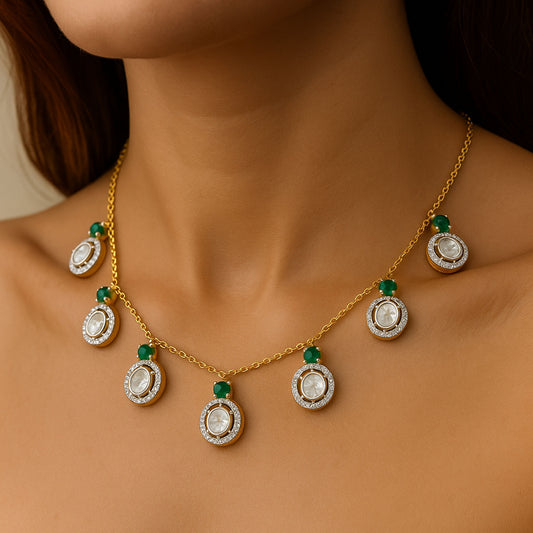 Emerald Charm Polki Necklace | 925 Silver 18k Gold Plated Jewellery