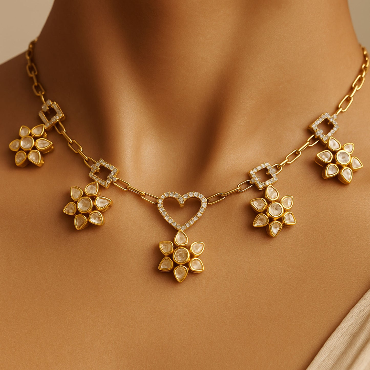 Heart & Blossom Polki Necklace | 925 Silver 18k Gold Plated Jewellery