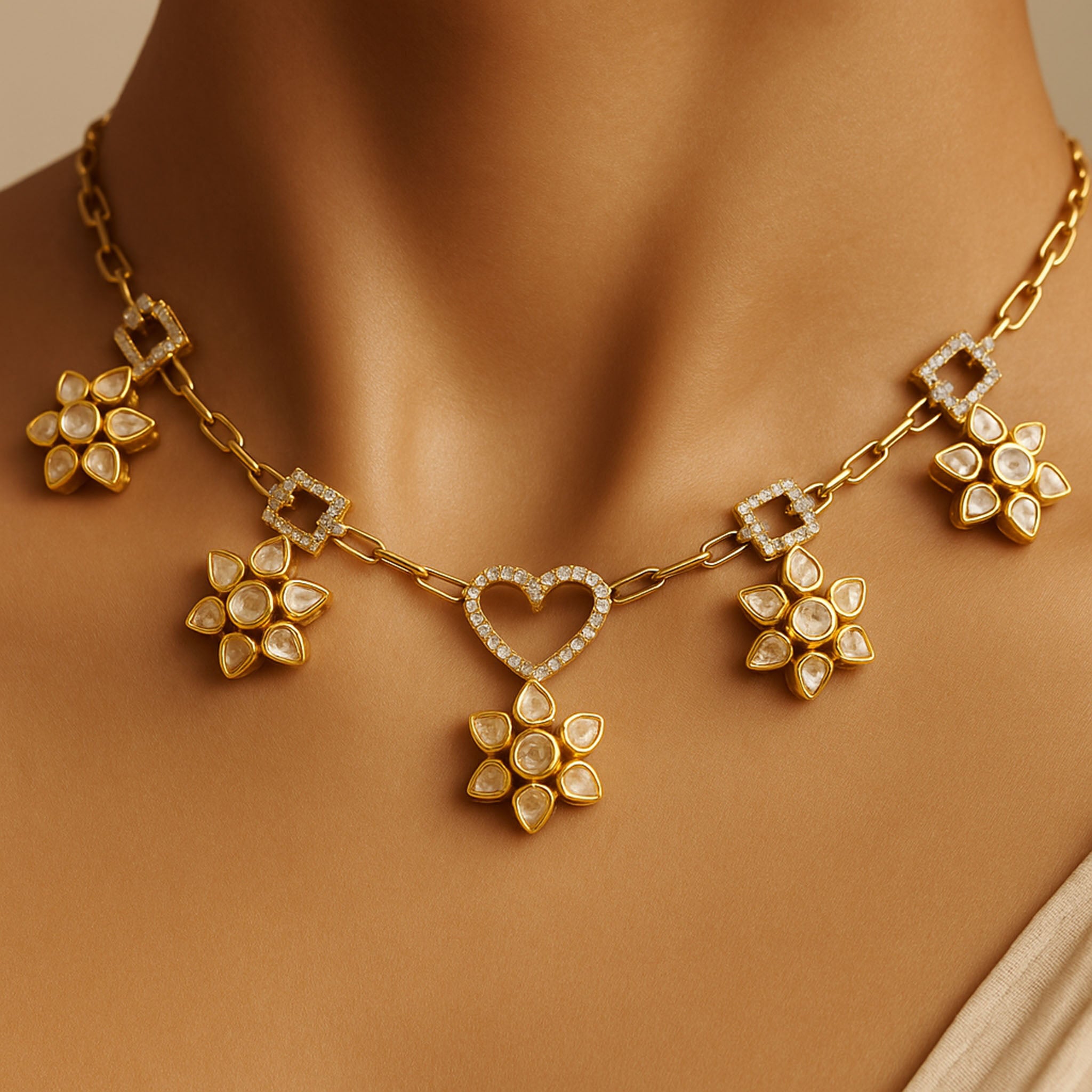 Heart & Blossom Polki Necklace | 925 Silver 18k Gold Plated Jewellery
