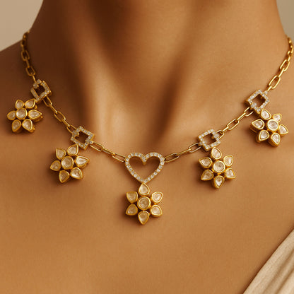 Heart & Blossom Polki Necklace | 925 Silver 18k Gold Plated Jewellery