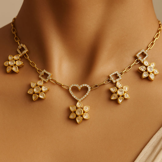 Heart & Blossom Polki Necklace | 925 Silver 18k Gold Plated Jewellery