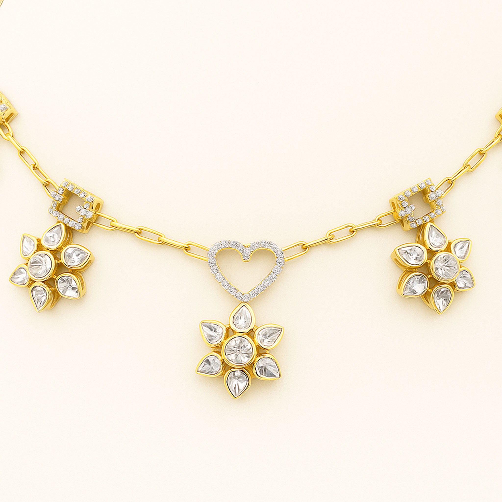 Heart & Blossom Polki Necklace | 925 Silver 18k Gold Plated Jewellery