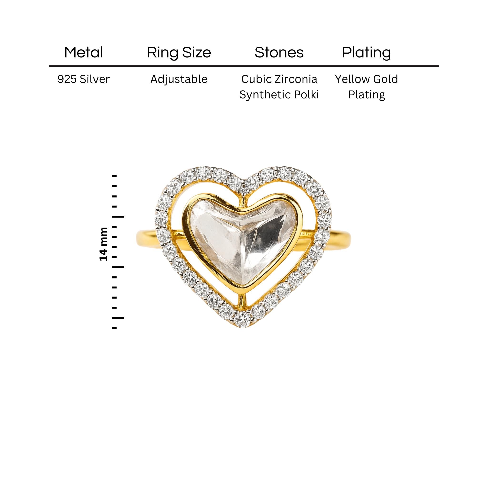 Golden Heart Polki Ring | 925 Silver 18K Gold Plated Jewellery