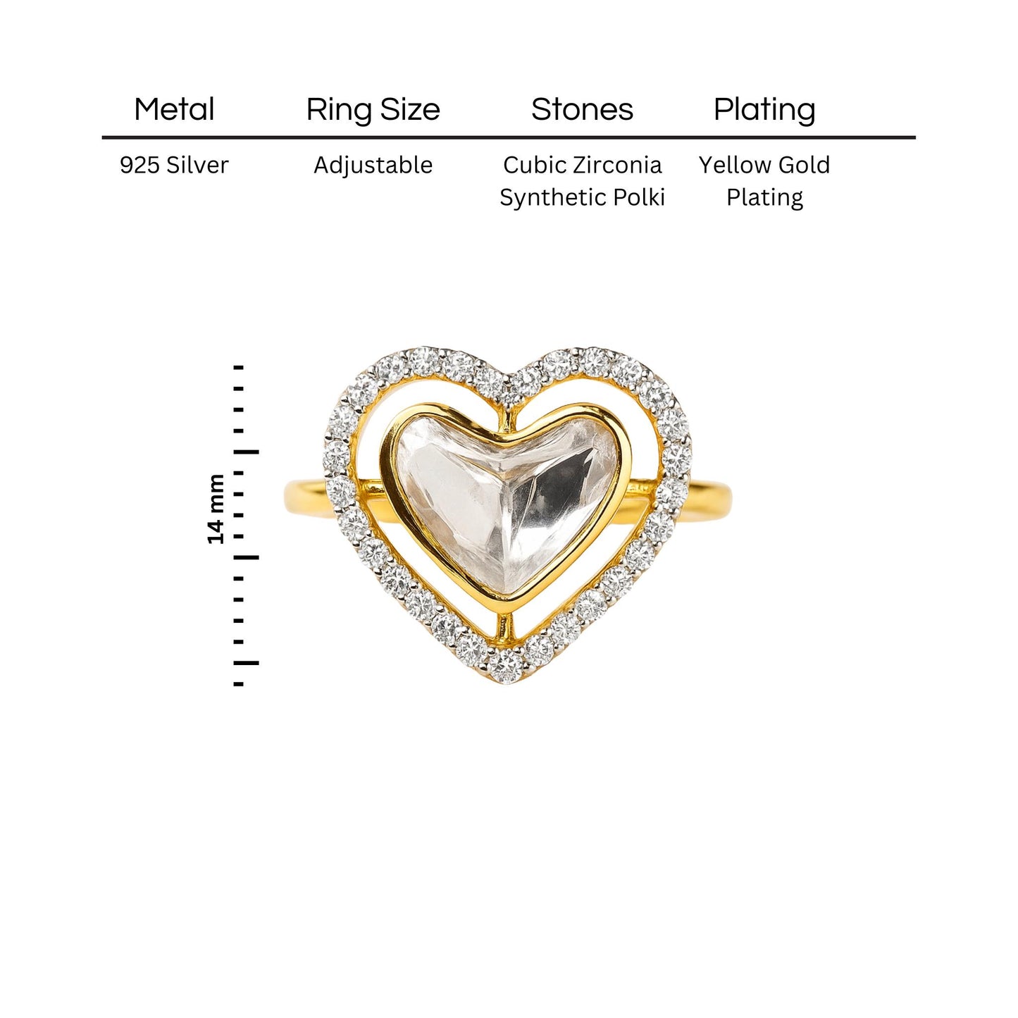 Golden Heart Polki Ring | 925 Silver 18K Gold Plated Jewellery