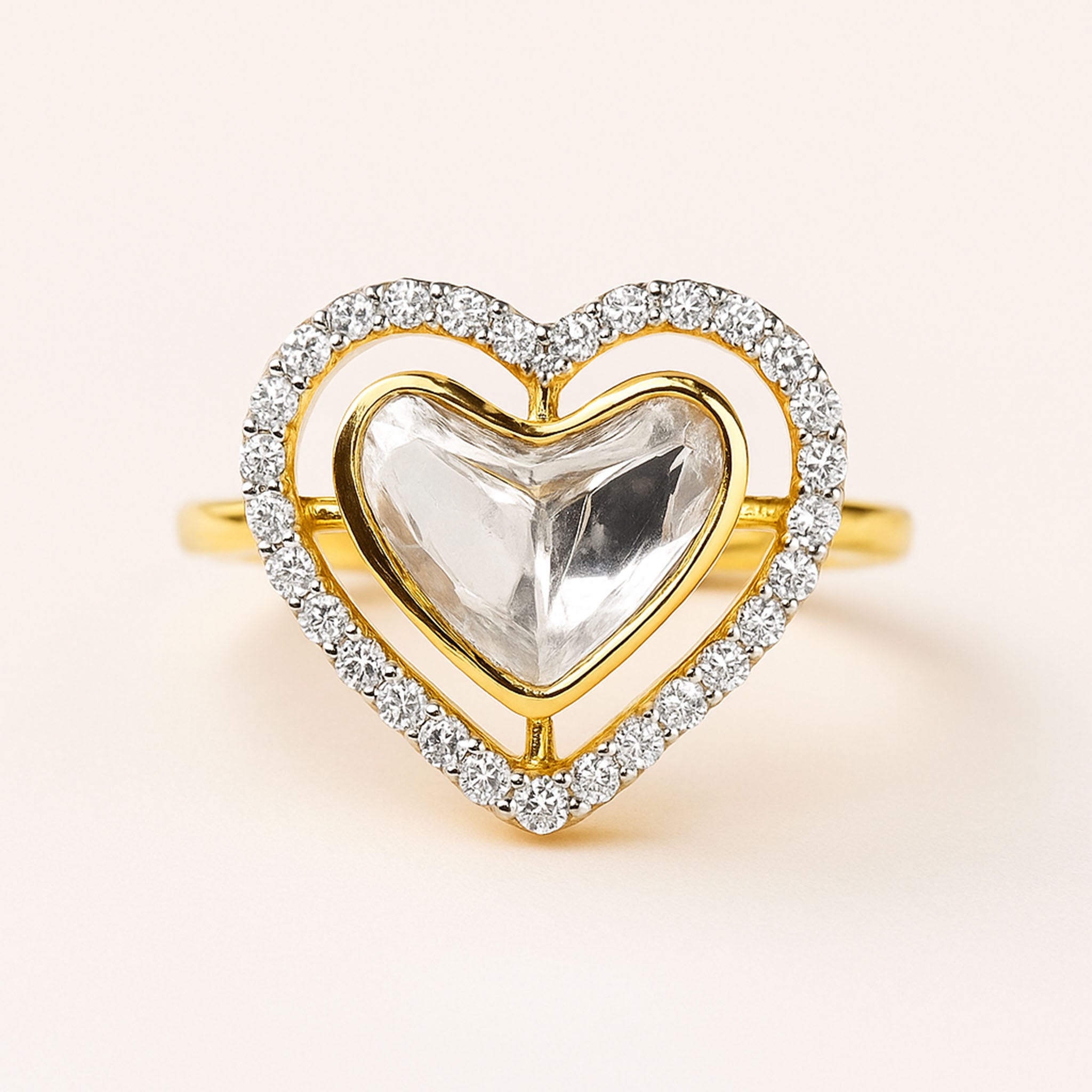Golden Heart Polki Ring | 925 Silver 18K Gold Plated Jewellery