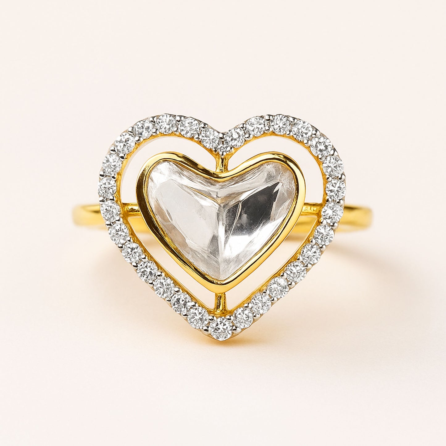 Golden Heart Polki Ring | 925 Silver 18K Gold Plated Jewellery