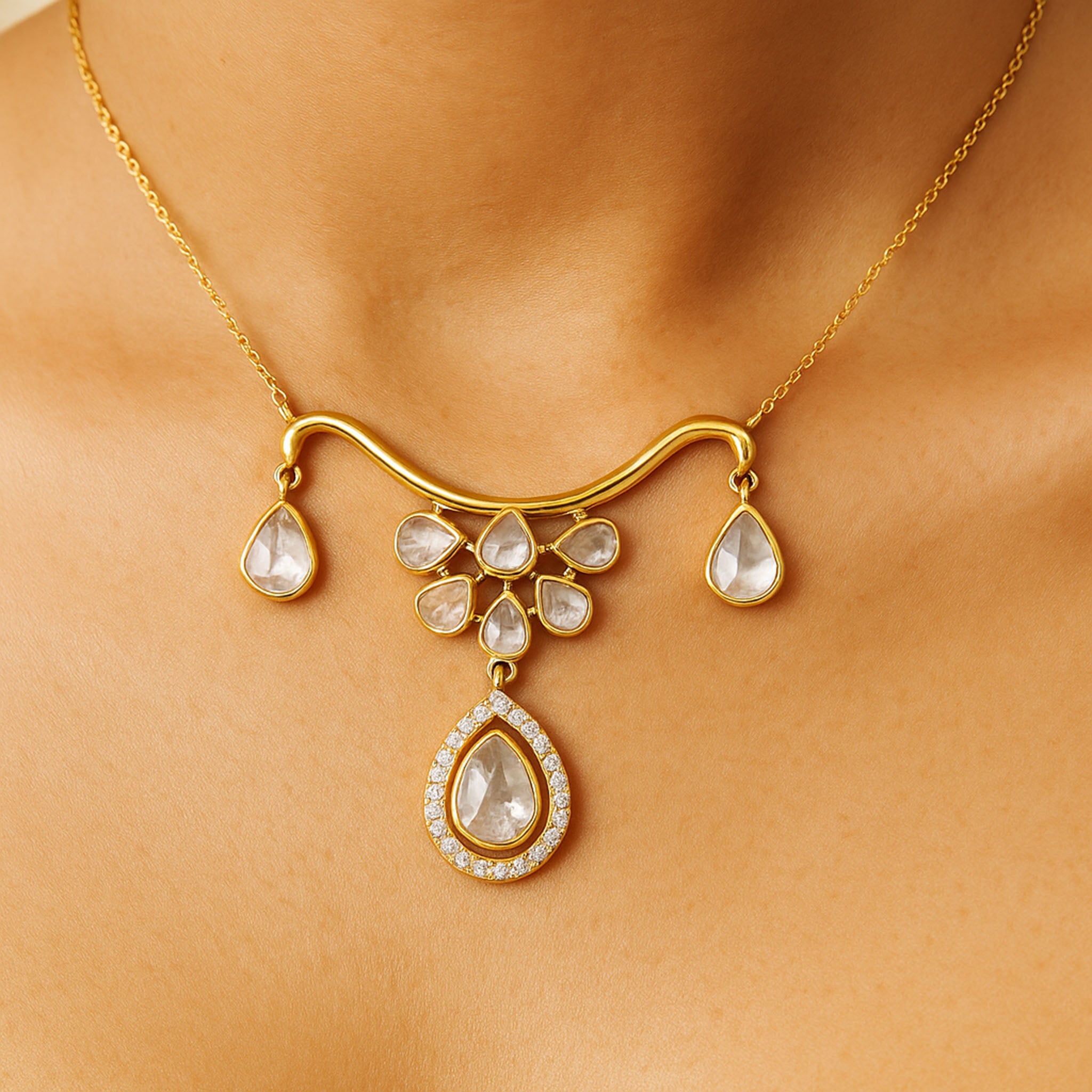 Raindrop Polki Elegance Necklace | 925 Silver 18k Gold Plated Jewellery