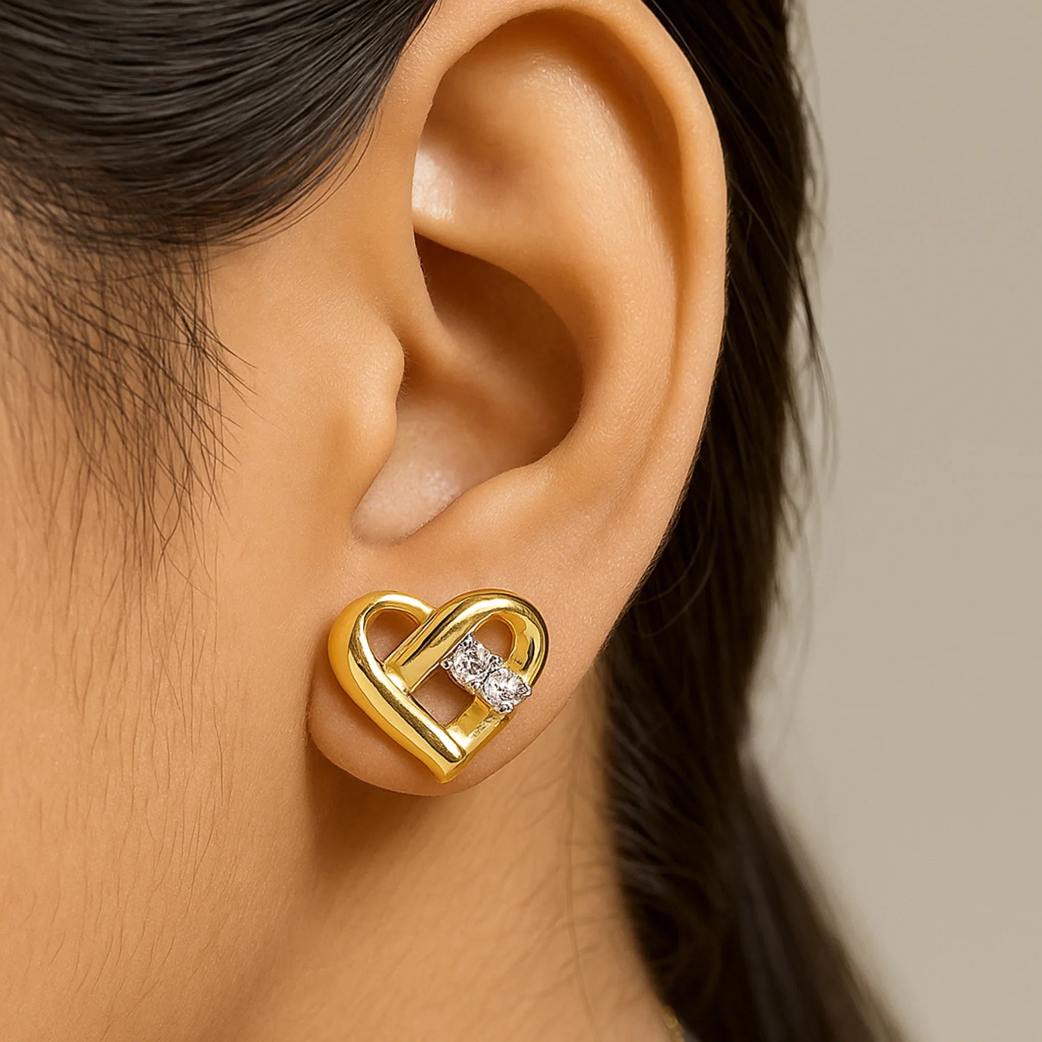  925 Silver CZ Sweetheart Stud Earrings Worn by Model by 7C Jewel