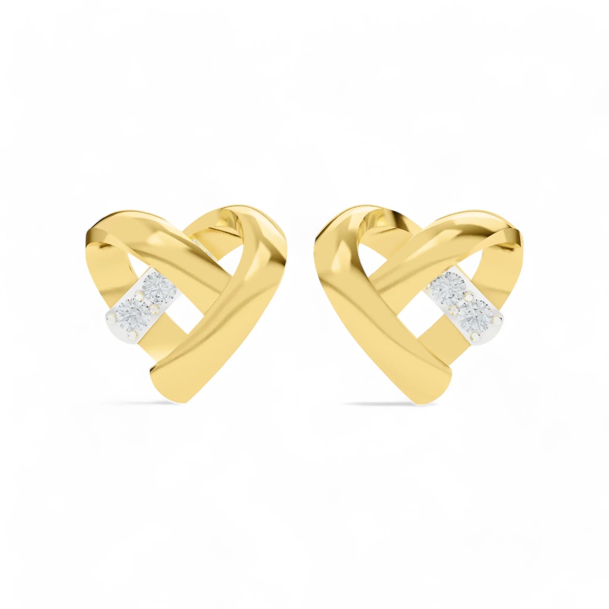 silver Gold plated heart-shaped earrings with diamond accents on a white background