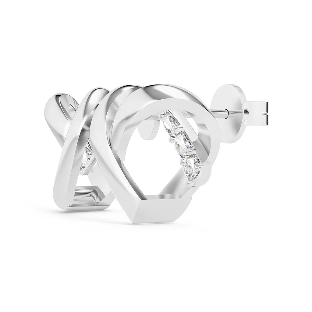 Silver interlocking heart earrings on a white background side view 