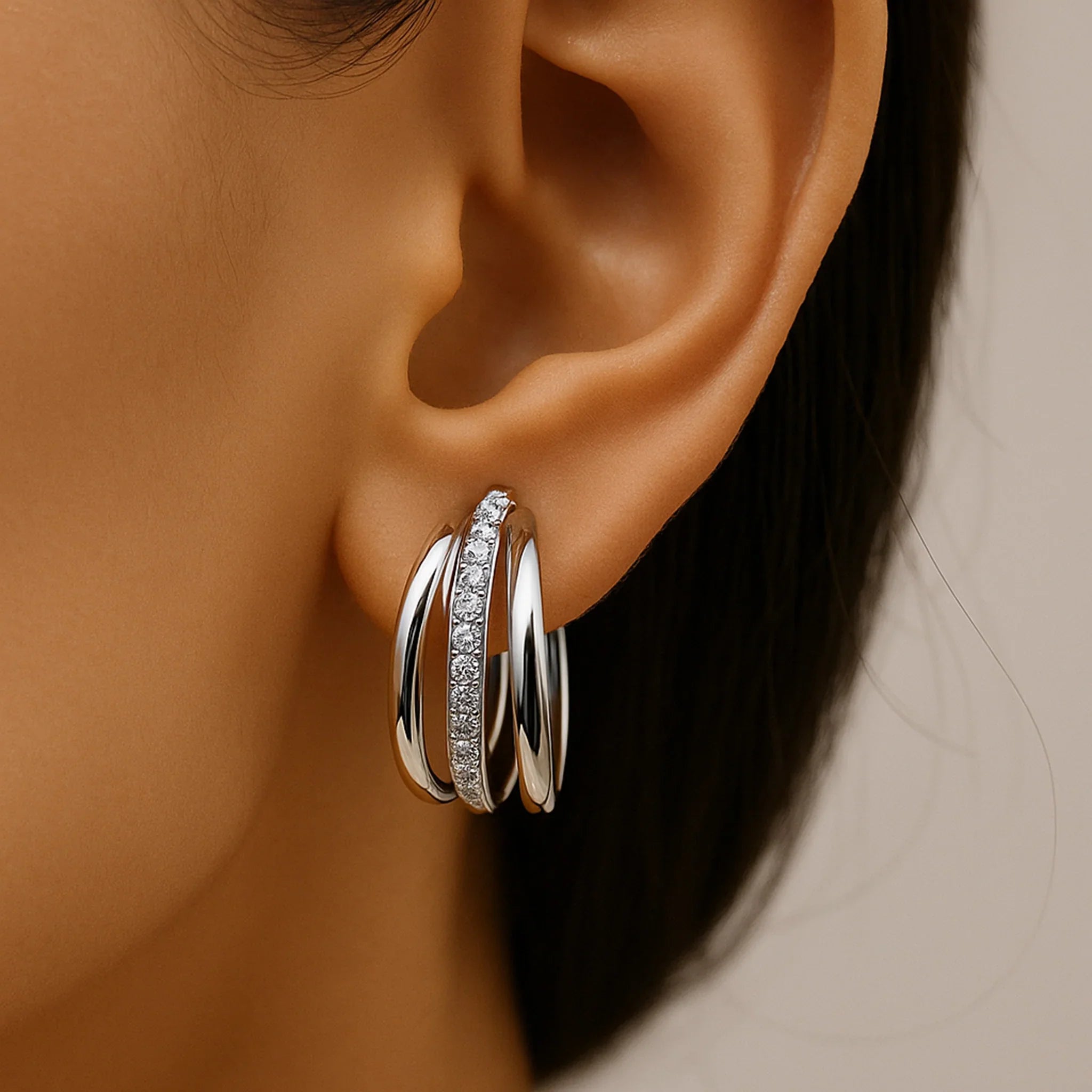 Triple Row Hoops Earrings | 925 Silver Earring 18k Gold Plated