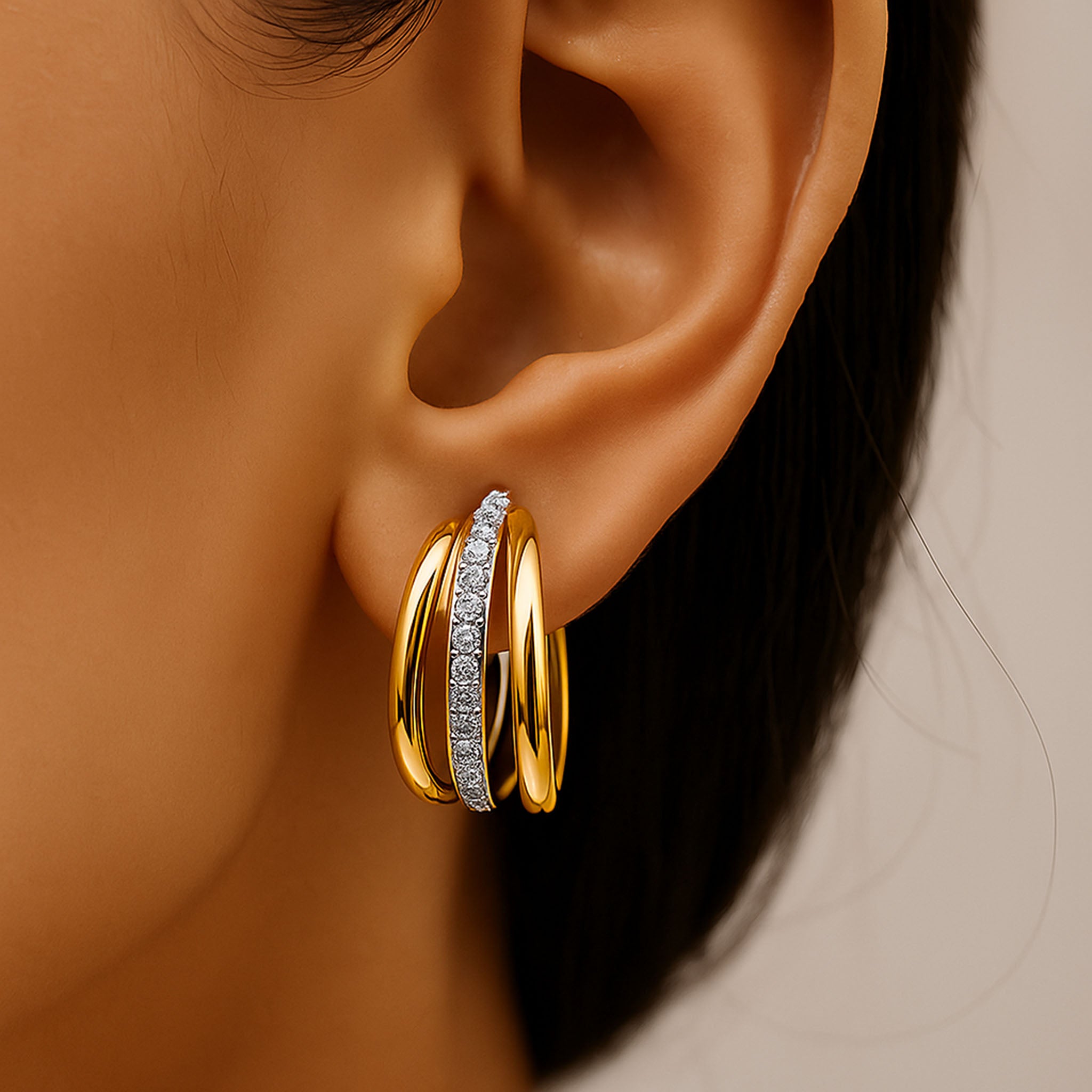 Triple Row Hoops Earrings | 925 Silver Earring 18k Gold Plated