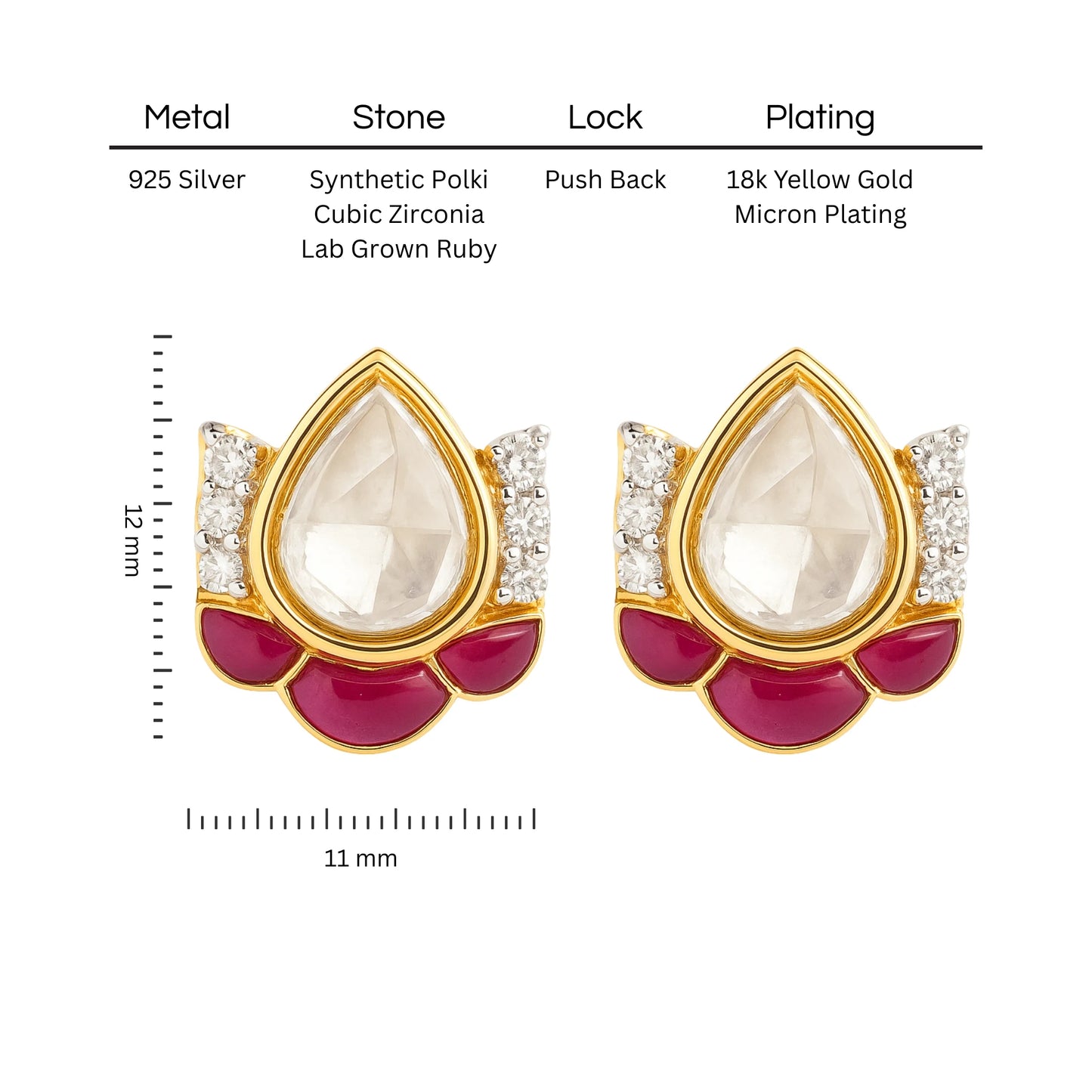 Ruby Lotus Polki Earring | 925 Silver 18k Gold Plated Jewellery